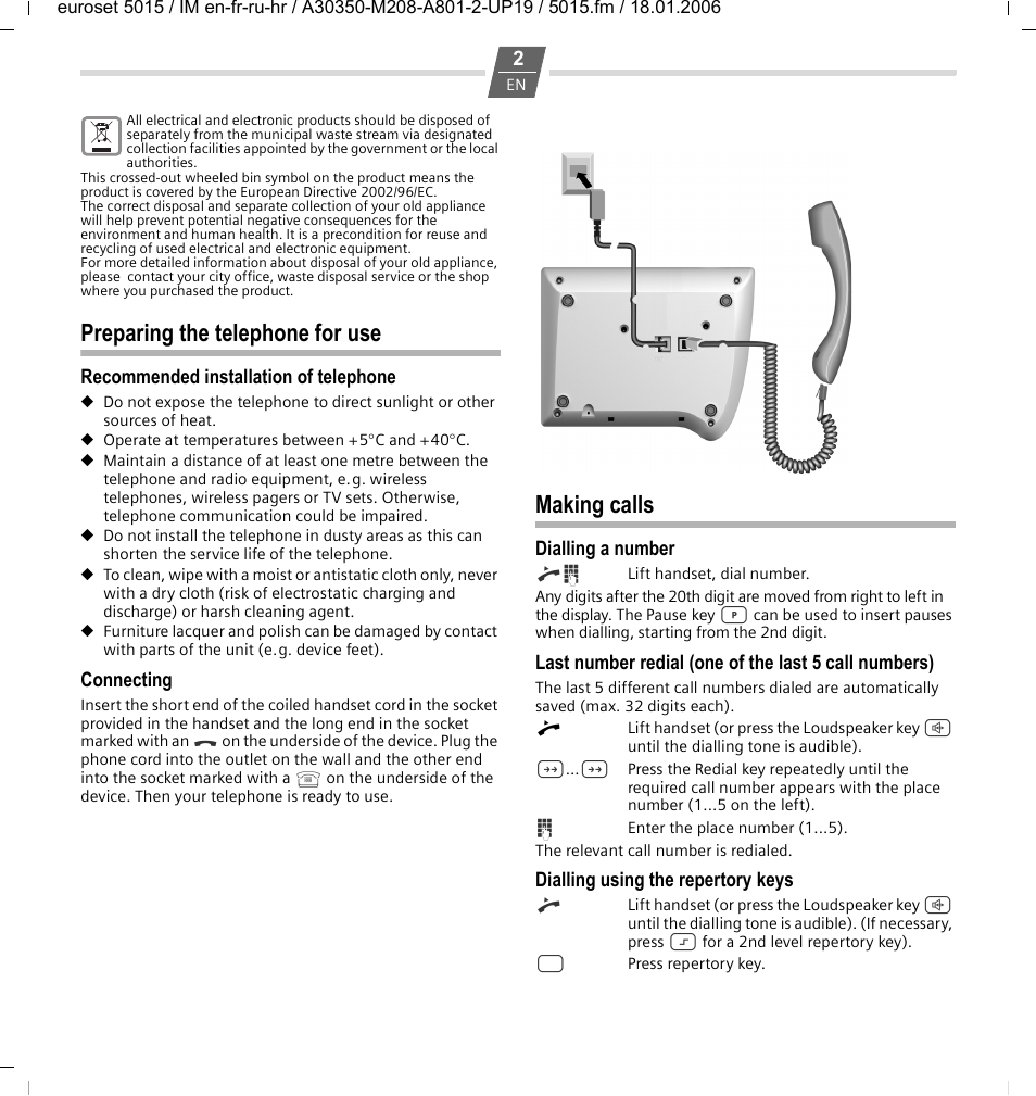 Preparing the telephone for use, Recommended installation of telephone, Connecting | Making calls, Dialling a number, Dialling using the repertory keys | Siemens Euroset 5015 User Manual | Page 2 / 36