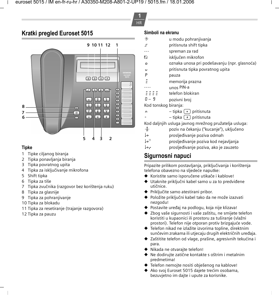 Kratki pregled euroset 5015, Sigurnosni napuci | Siemens Euroset 5015 User Manual | Page 27 / 36