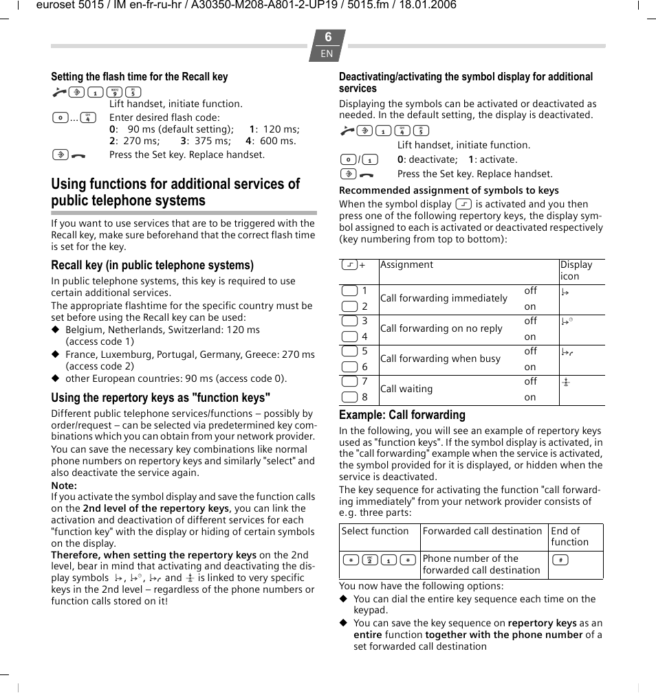 Setting the flash time for the recall key, Recall key (in public telephone systems), Using the repertory keys as "function keys | Example: call forwarding | Siemens Euroset 5015 User Manual | Page 6 / 36