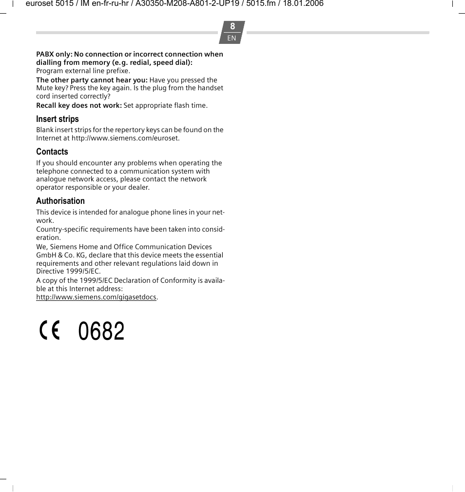 Insert strips, Contacts, Authorisation | Siemens Euroset 5015 User Manual | Page 8 / 36