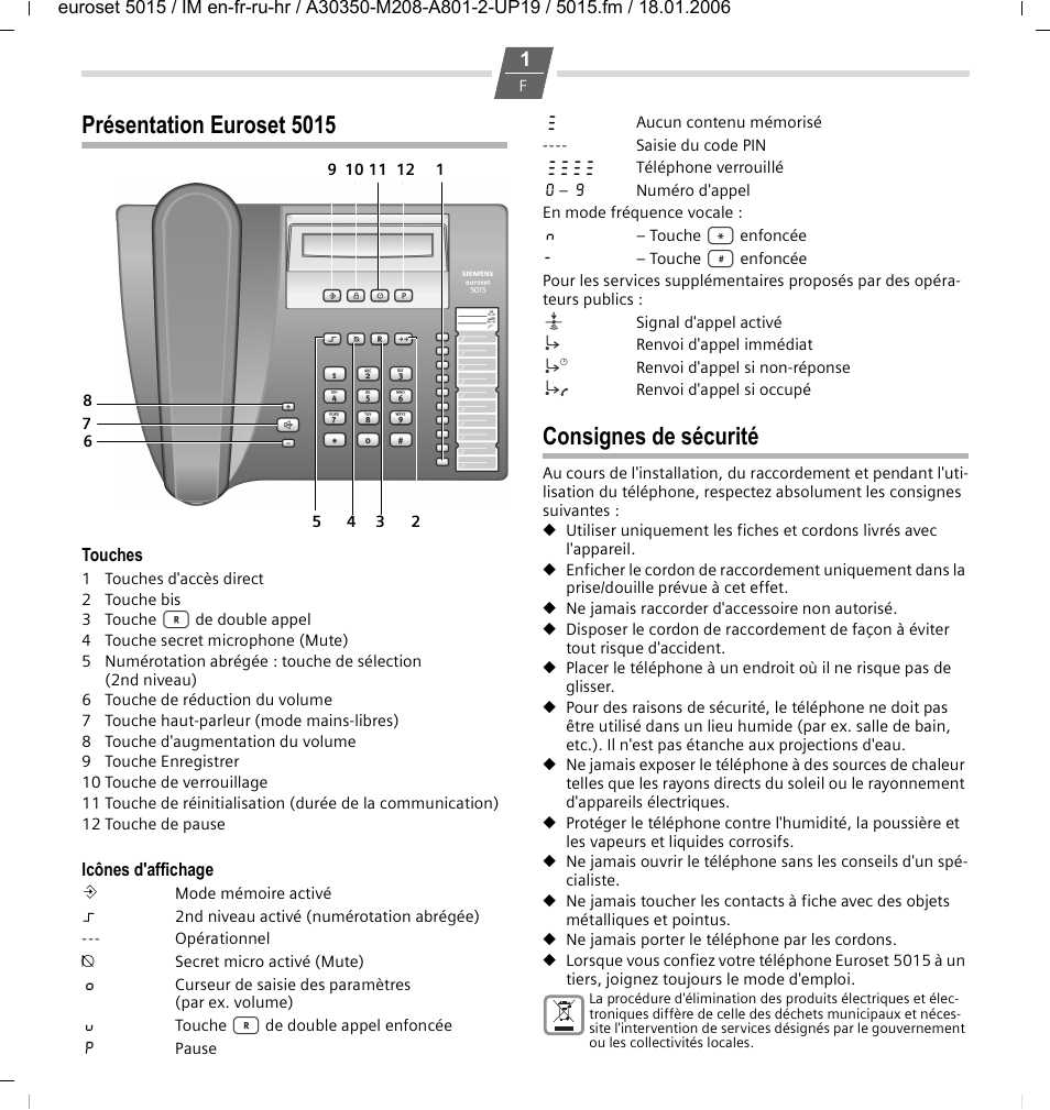 Présentation euroset 5015, Touches, Icônes d'affichage | Consignes de sécurité | Siemens Euroset 5015 User Manual | Page 9 / 36