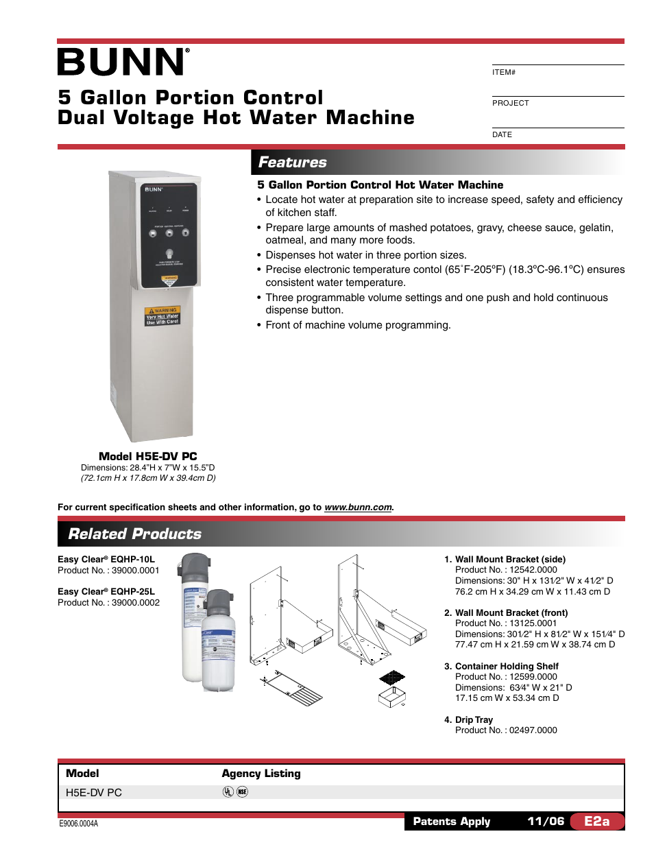 Bunn H5E-DV PC User Manual | 2 pages