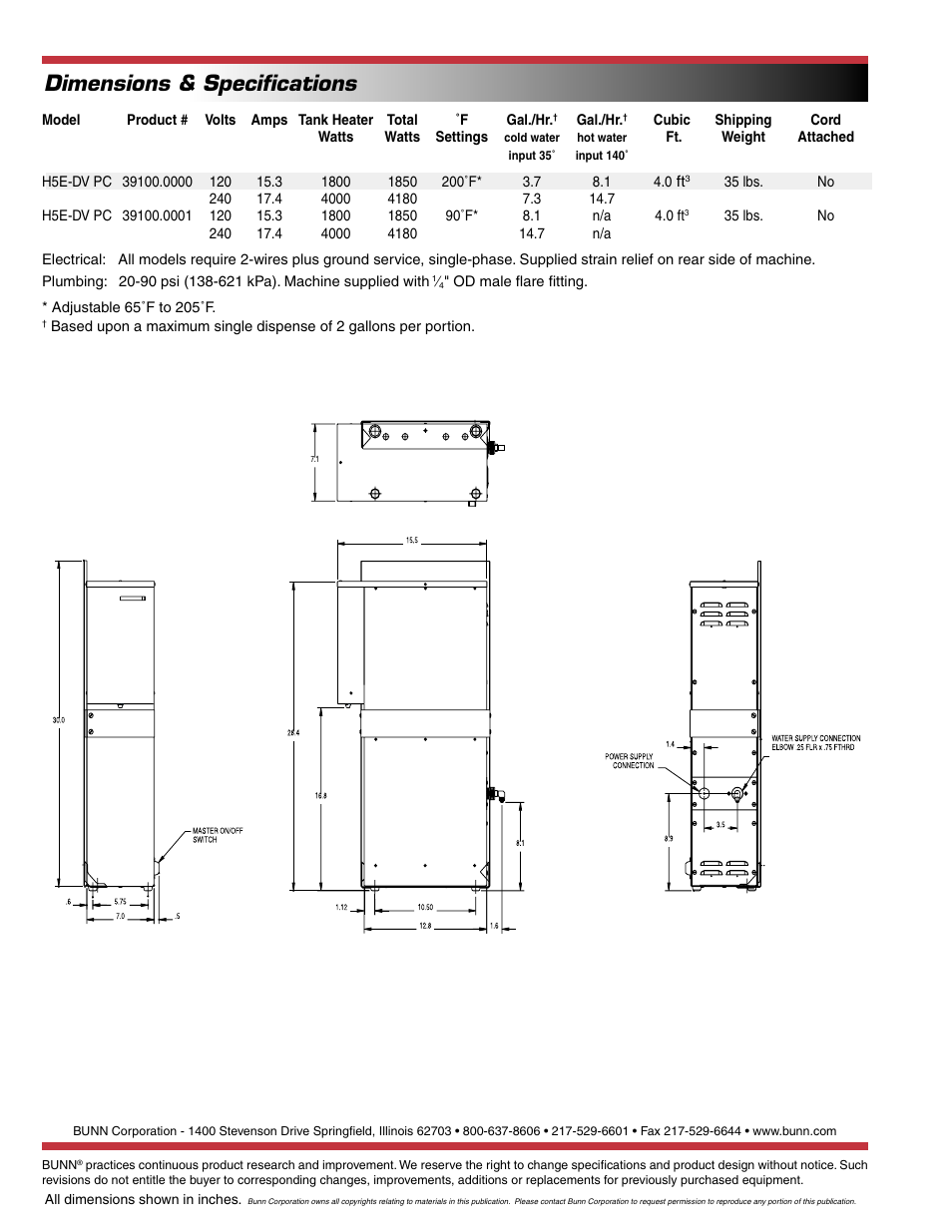 Dimensions & speciﬁcations | Bunn H5E-DV PC User Manual | Page 2 / 2
