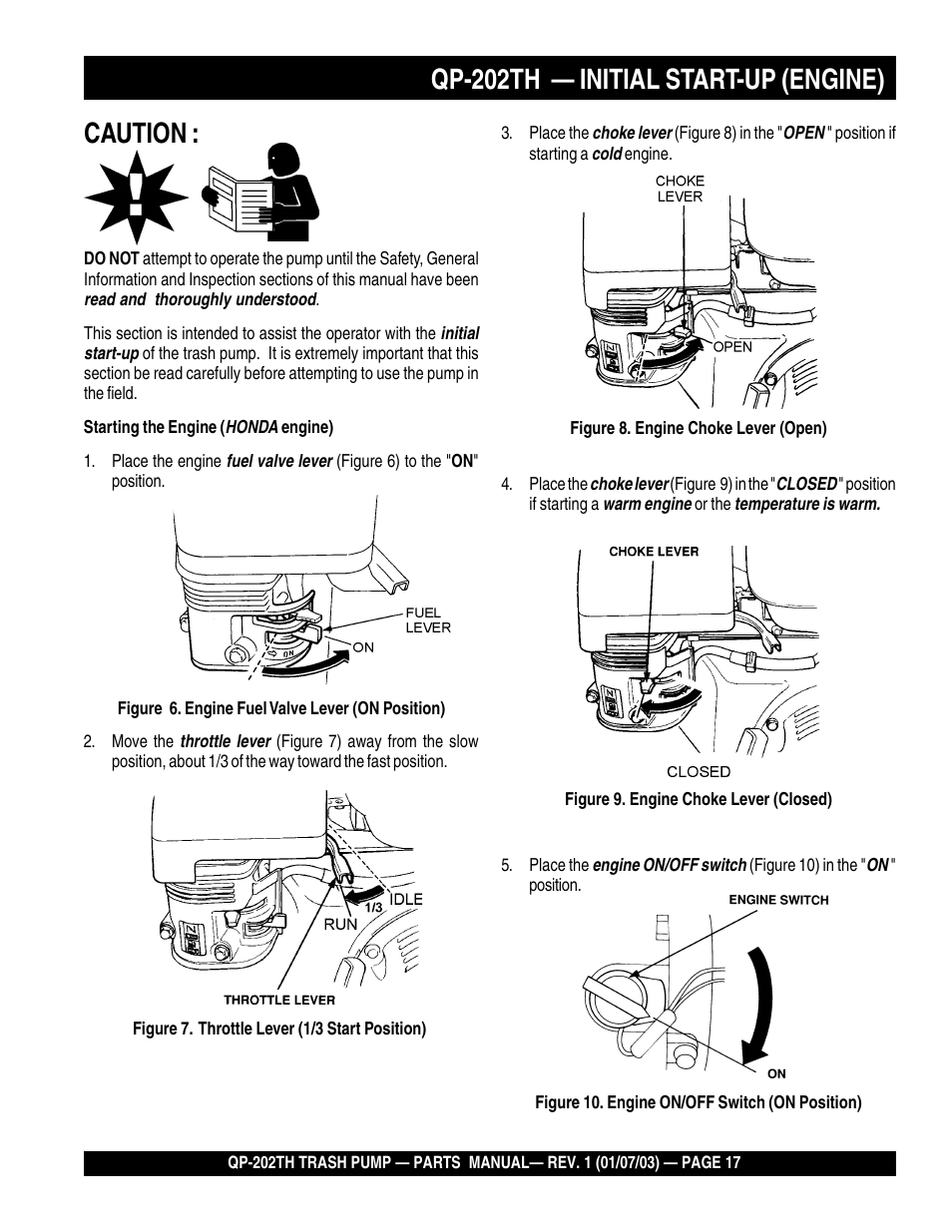 Qp-202th — initial start-up (engine), Caution | Multiquip QP202TH User Manual | Page 17 / 70