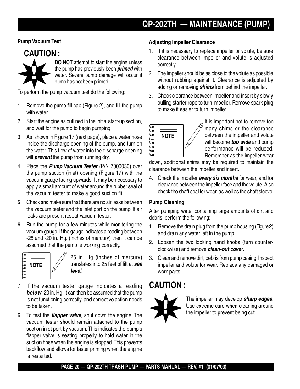 Qp-202th — maintenance (pump), Caution | Multiquip QP202TH User Manual | Page 20 / 70
