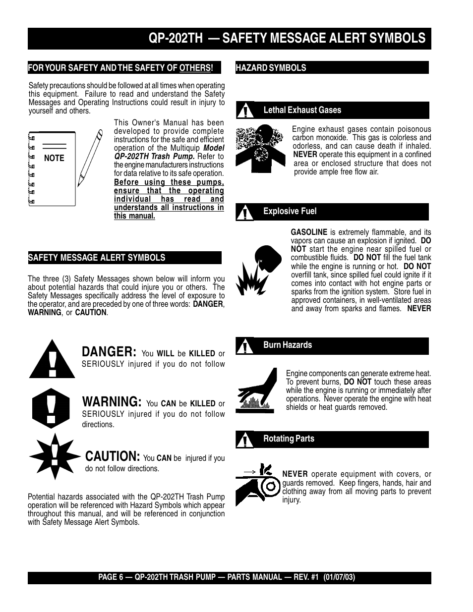 Qp-202th — safety message alert symbols, Danger, Warning | Caution | Multiquip QP202TH User Manual | Page 6 / 70