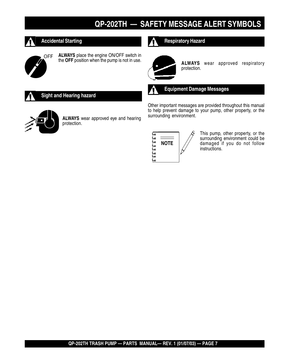 Qp-202th — safety message alert symbols | Multiquip QP202TH User Manual | Page 7 / 70