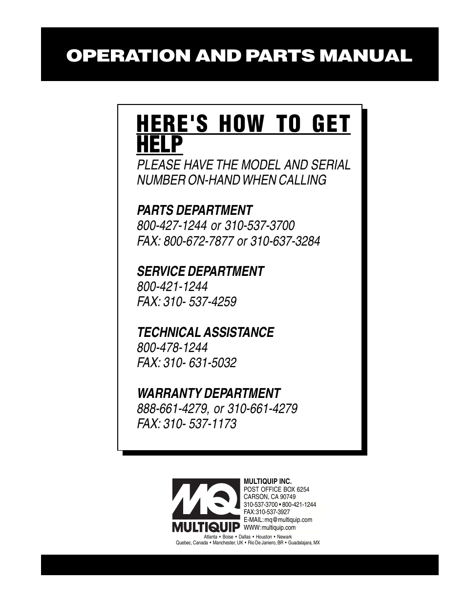 Here's how to get help, Operation and parts manual | Multiquip QP202TH User Manual | Page 70 / 70