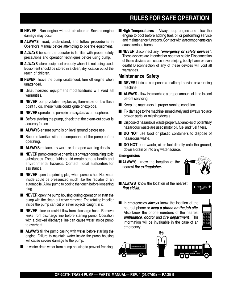 Rules for safe operation, Maintenance safety | Multiquip QP202TH User Manual | Page 9 / 70
