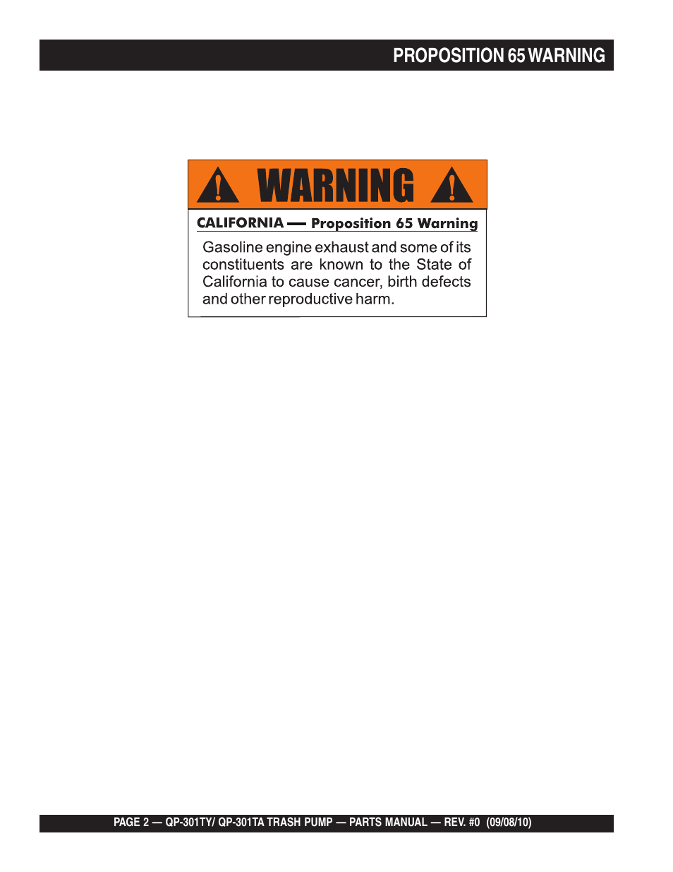 Proposition 65 warning | Multiquip QP301TA_TY User Manual | Page 2 / 14