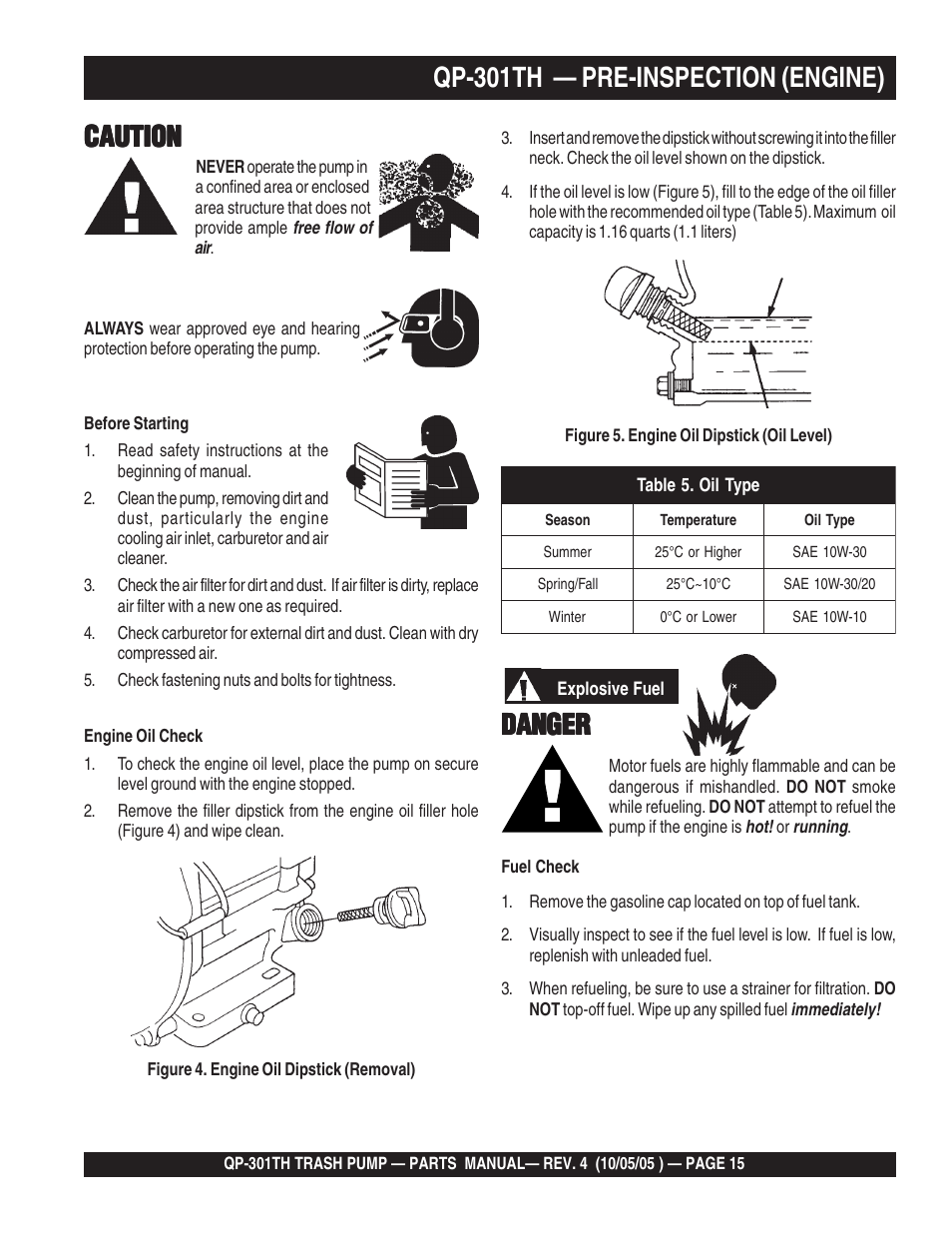 Qp-301th — pre-inspection (engine), Caution, Danger | Multiquip QP301TH User Manual | Page 15 / 70