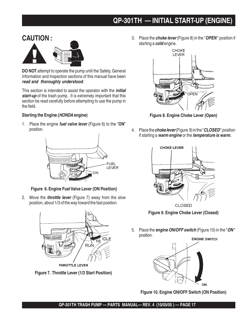 Qp-301th — initial start-up (engine), Caution | Multiquip QP301TH User Manual | Page 17 / 70