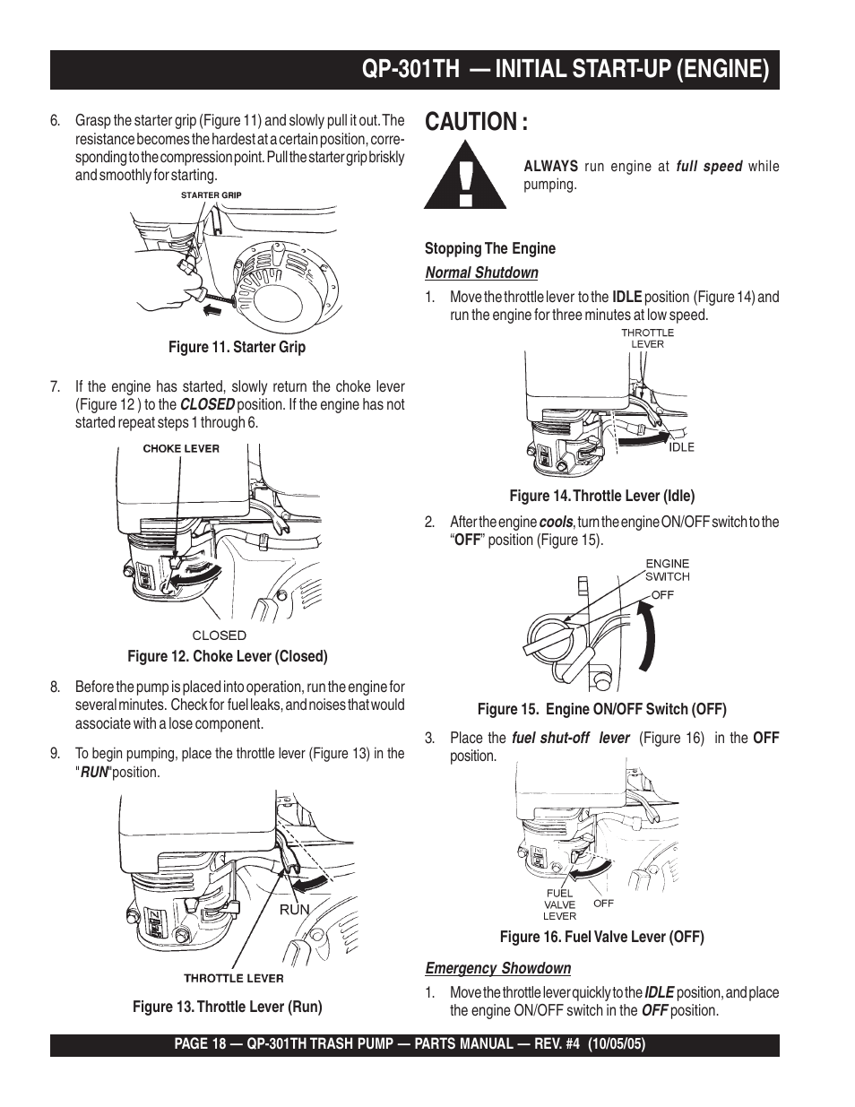Qp-301th — initial start-up (engine), Caution | Multiquip QP301TH User Manual | Page 18 / 70