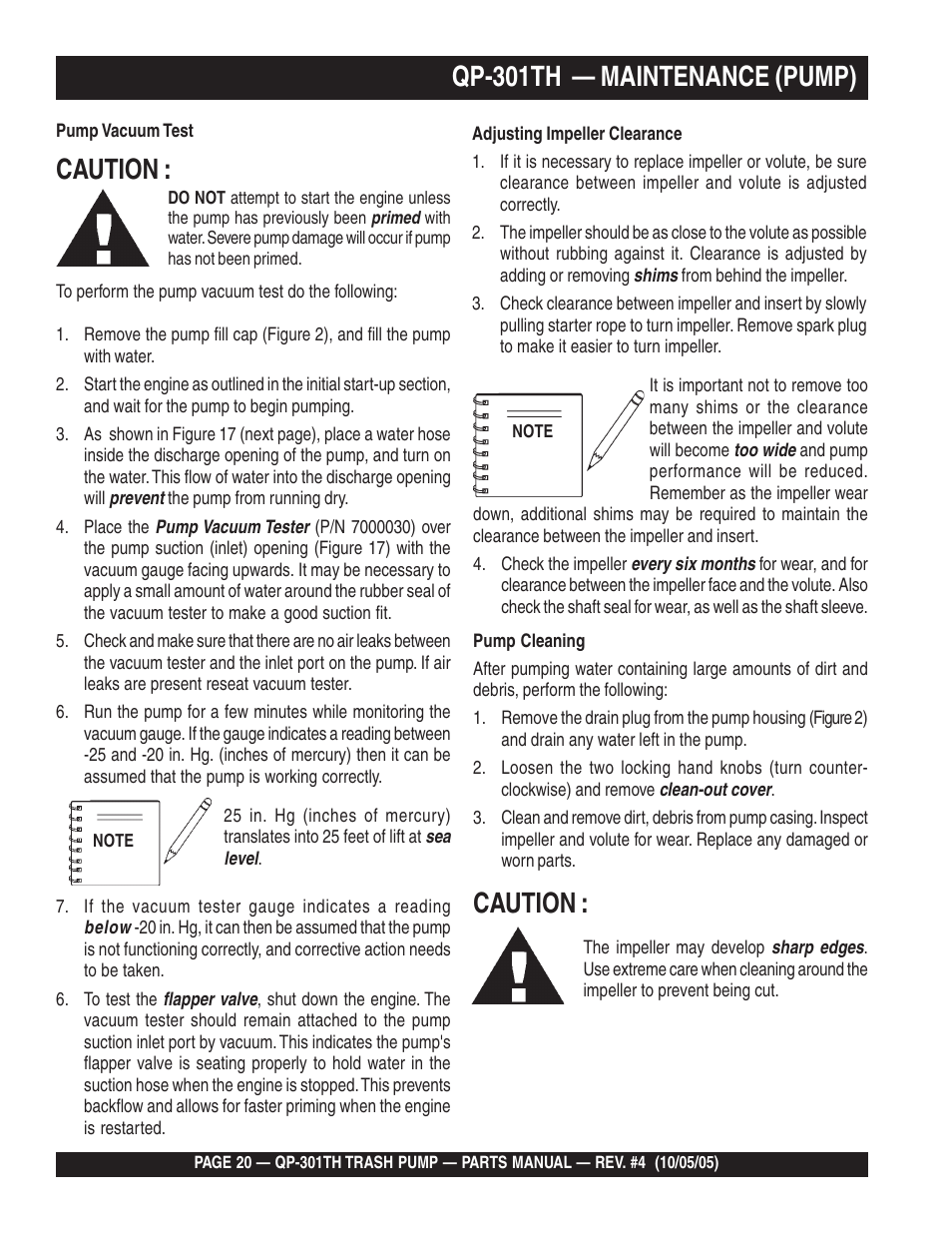 Qp-301th — maintenance (pump), Caution | Multiquip QP301TH User Manual | Page 20 / 70