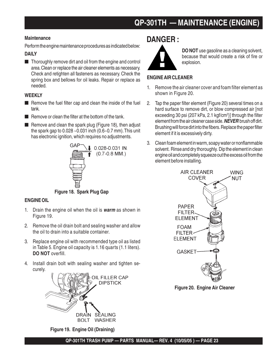 Danger, Qp-301th — maintenance (engine) | Multiquip QP301TH User Manual | Page 23 / 70