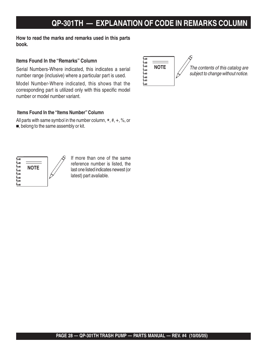 Qp-301th — explanation of code in remarks column | Multiquip QP301TH User Manual | Page 28 / 70