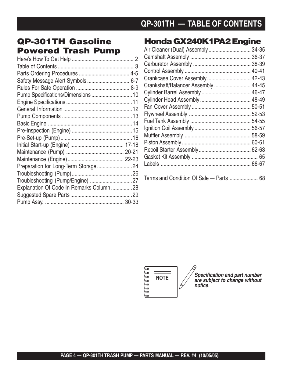 Qp-301th — table of contents, Qp-301th gasoline powered trash pump | Multiquip QP301TH User Manual | Page 4 / 70