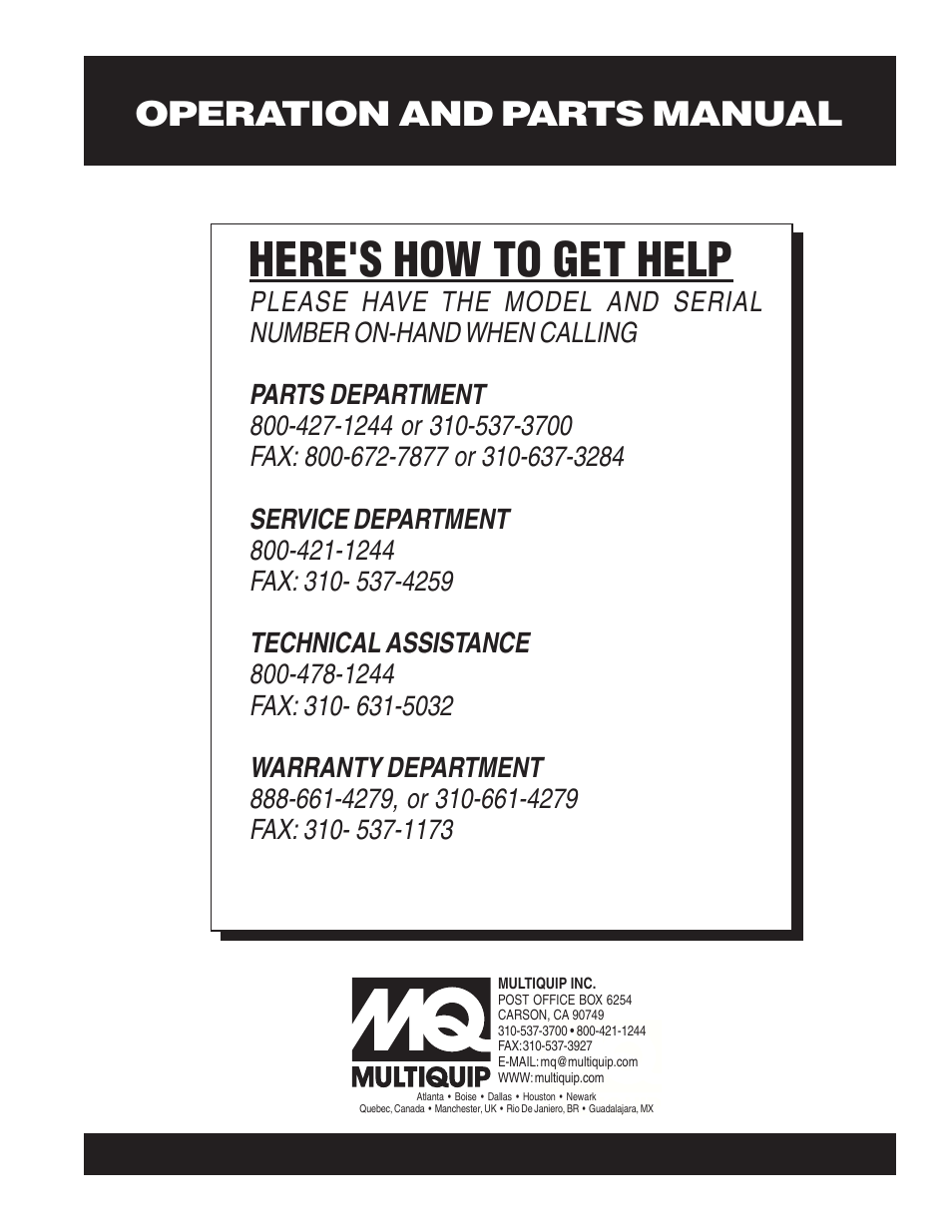 Here's how to get help, Operation and parts manual | Multiquip QP301TH User Manual | Page 70 / 70