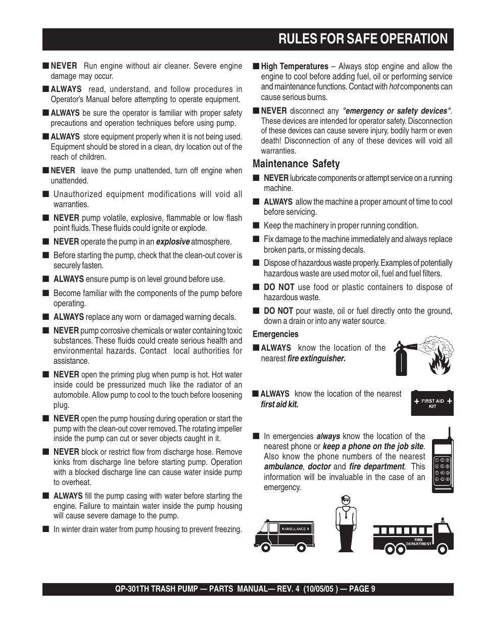 Rules for safe operation, Maintenance safety | Multiquip QP301TH User Manual | Page 9 / 70