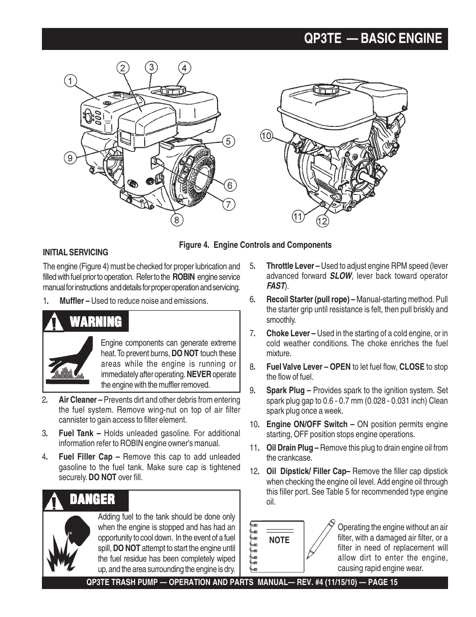 Qp3te — basic engine, Warning, Warning danger danger danger danger danger | Multiquip QP3TE User Manual | Page 15 / 56