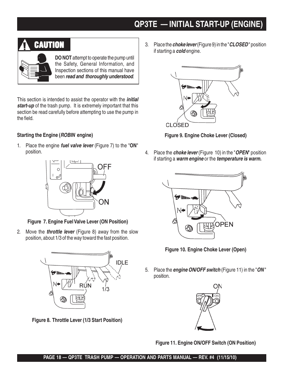 Qp3te — initial start-up (engine), Caution | Multiquip QP3TE User Manual | Page 18 / 56