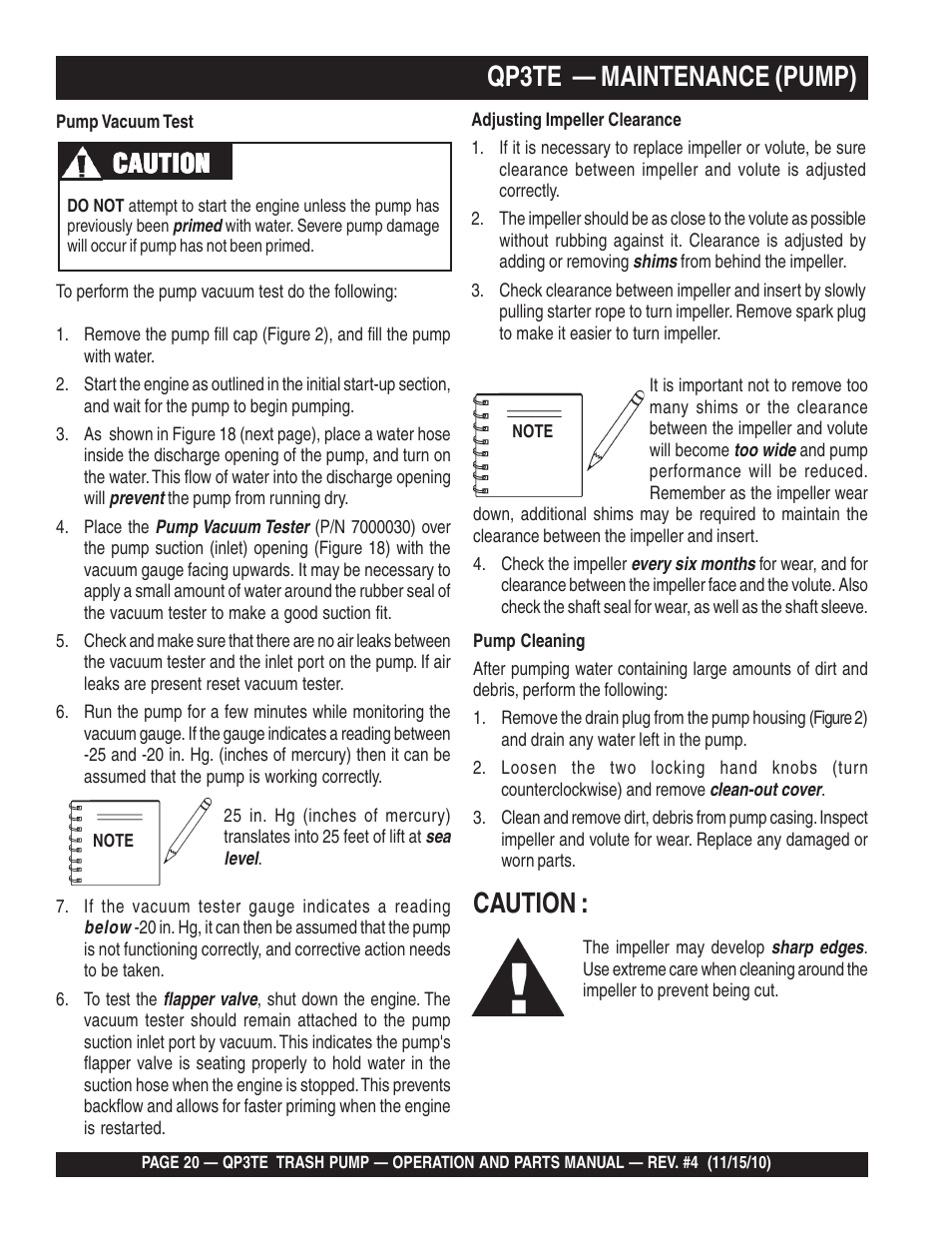 Qp3te — maintenance (pump), Caution | Multiquip QP3TE User Manual | Page 20 / 56