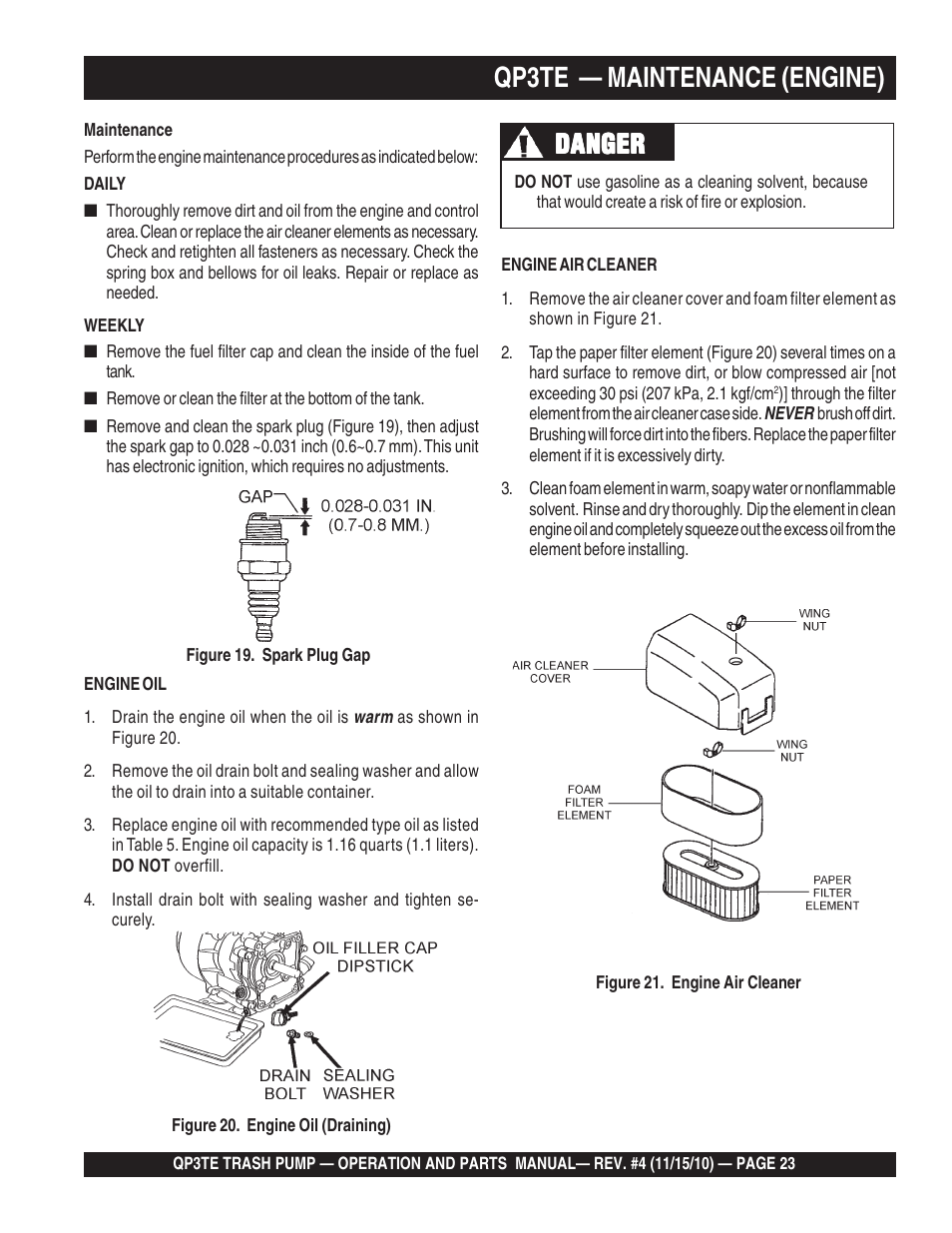 Qp3te — maintenance (engine), Danger | Multiquip QP3TE User Manual | Page 23 / 56