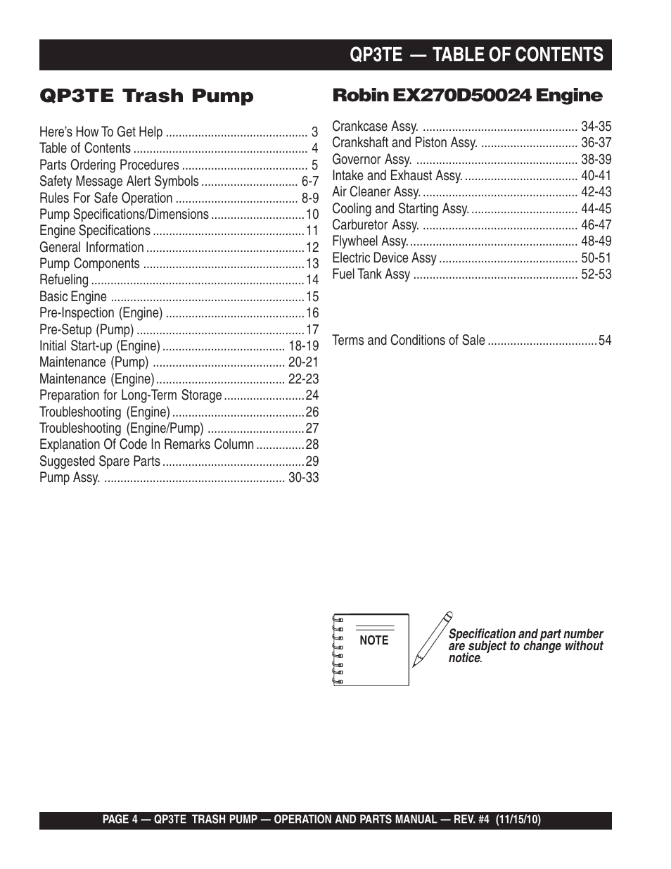 Qp3te — table of contents, Qp3te trash pump | Multiquip QP3TE User Manual | Page 4 / 56