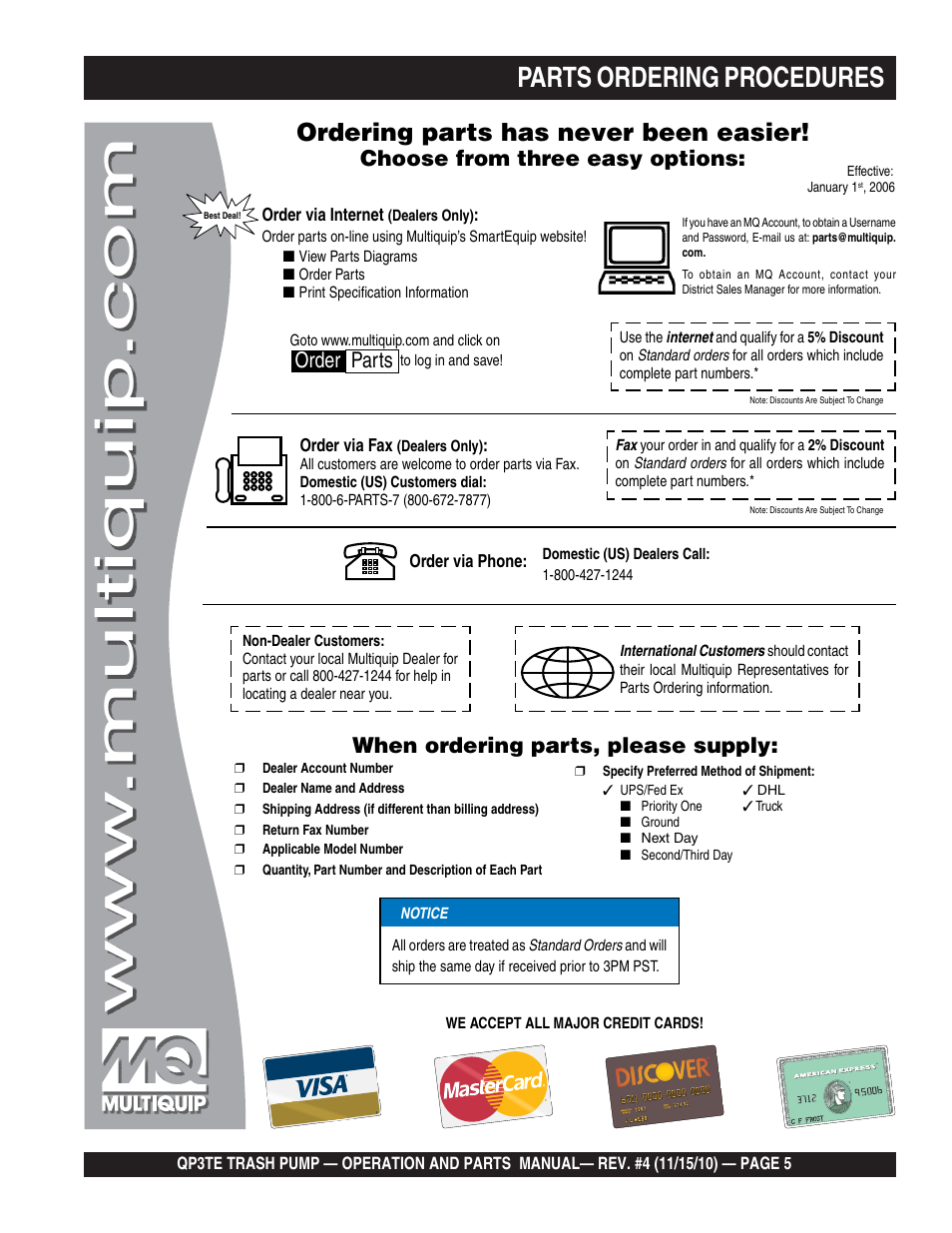 Parts ordering procedures, Ordering parts has never been easier, Choose from three easy options | When ordering parts, please supply, Order parts | Multiquip QP3TE User Manual | Page 5 / 56