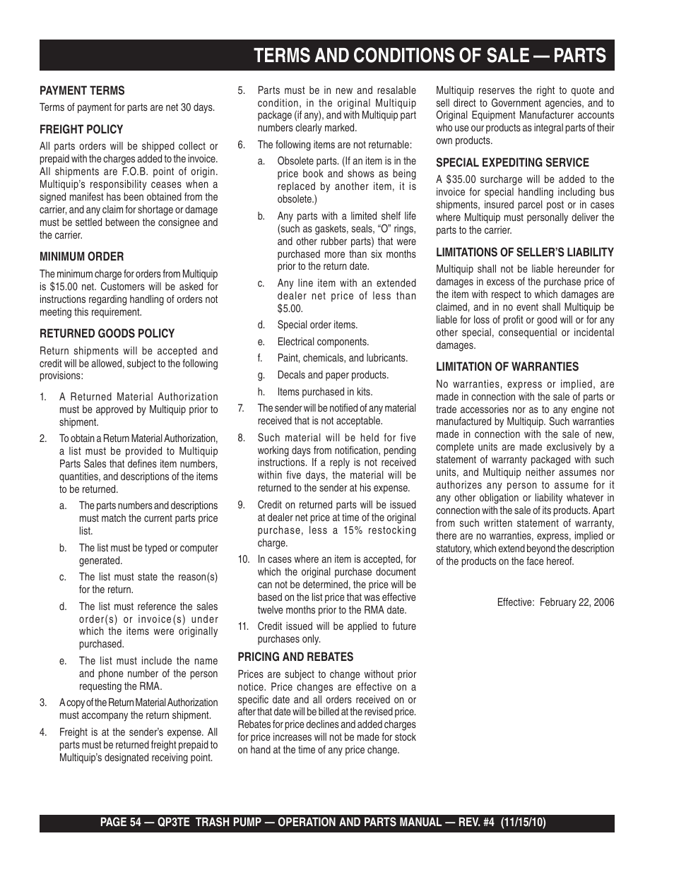 Terms and conditions of, Sale — parts | Multiquip QP3TE User Manual | Page 54 / 56