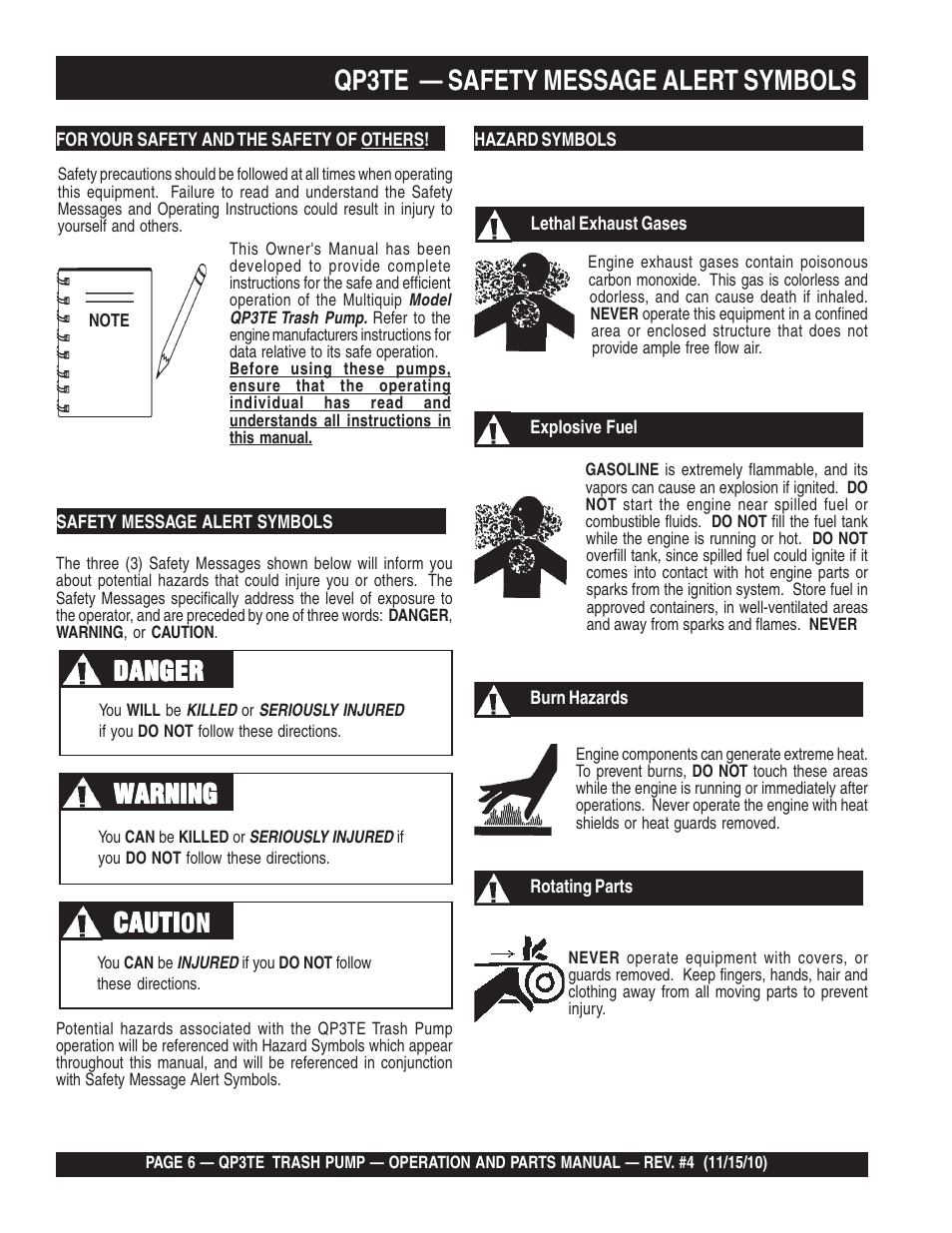 Qp3te — safety message alert symbols, Cauti | Multiquip QP3TE User Manual | Page 6 / 56