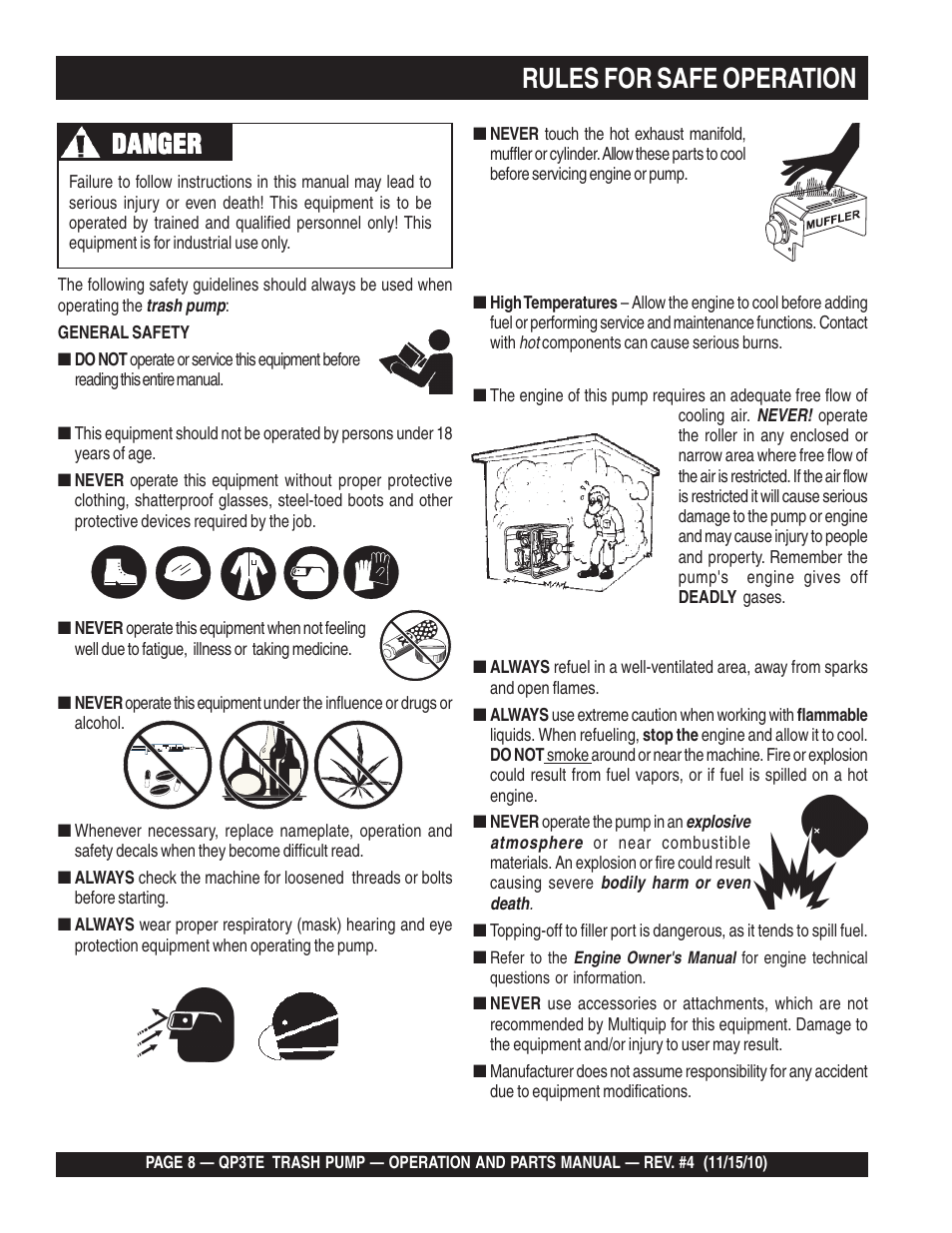 Rules for safe operation, Danger | Multiquip QP3TE User Manual | Page 8 / 56