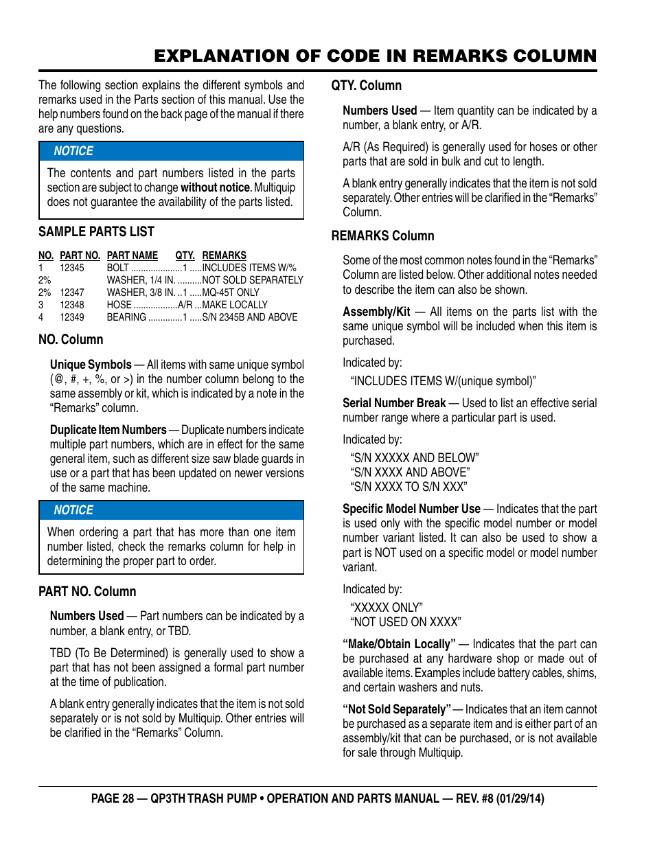 Explanation of code in remarks column | Multiquip QP3TH User Manual | Page 28 / 38