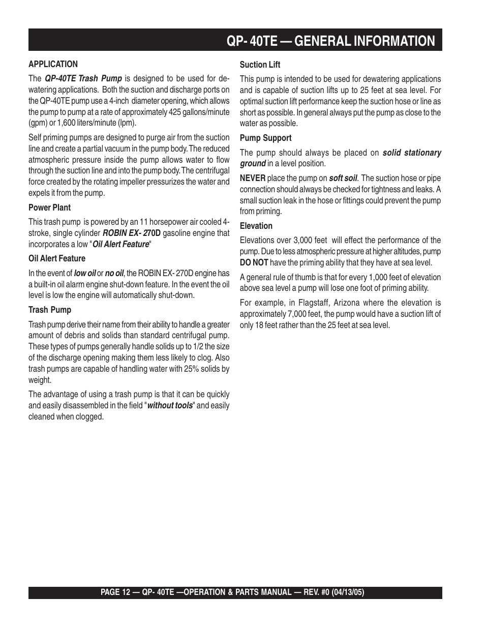 Qp- 40te — general information | Multiquip QP40TE User Manual | Page 12 / 56