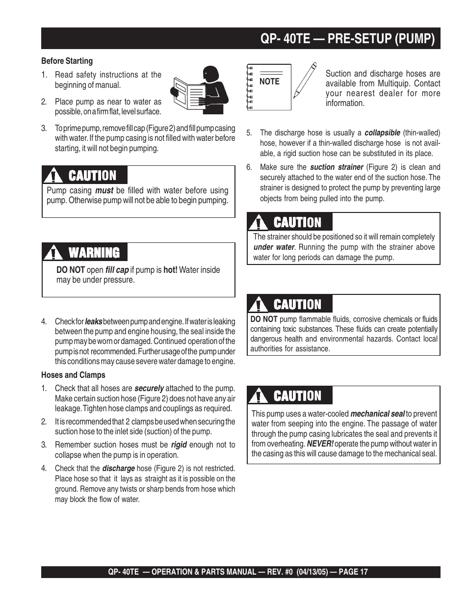 Qp- 40te — pre-setup (pump), Cauti | Multiquip QP40TE User Manual | Page 17 / 56