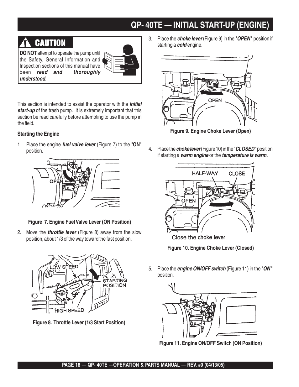 Qp- 40te — initial start-up (engine), Cauti, Cauti caution | Multiquip QP40TE User Manual | Page 18 / 56