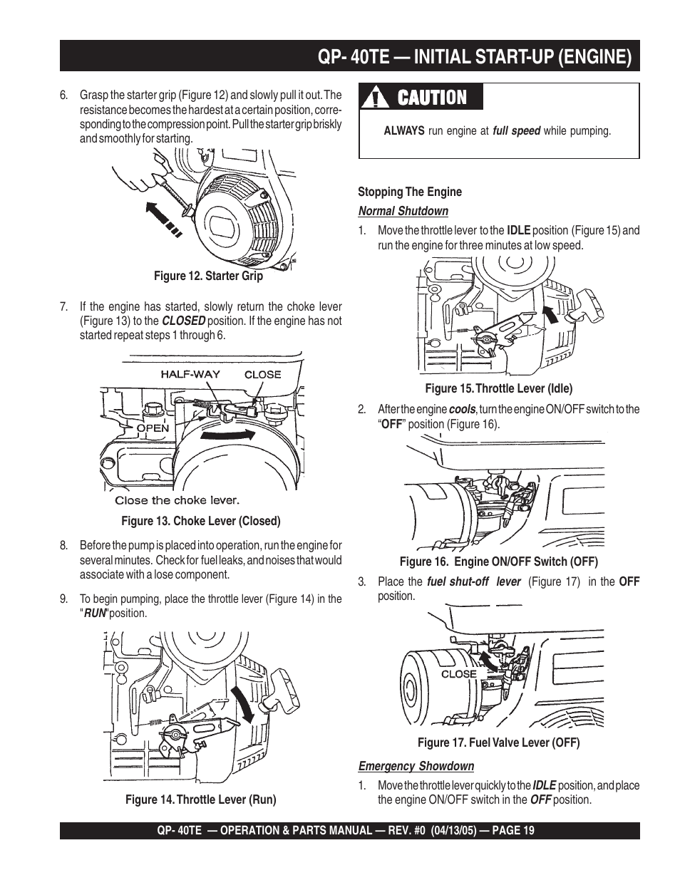 Qp- 40te — initial start-up (engine), Cauti, Cauti caution | Multiquip QP40TE User Manual | Page 19 / 56