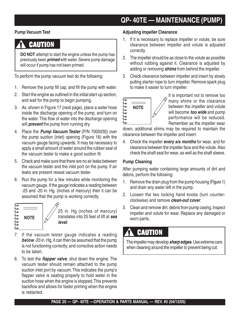 Qp- 40te — maintenance (pump), Cauti, Cauti caution cauti cauti cauti cauti caution | Multiquip QP40TE User Manual | Page 20 / 56