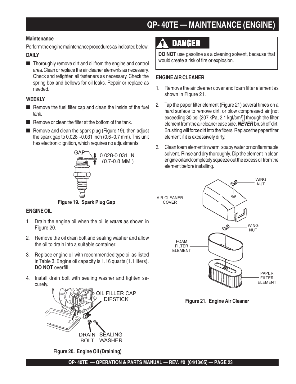 Qp- 40te — maintenance (engine), Danger | Multiquip QP40TE User Manual | Page 23 / 56