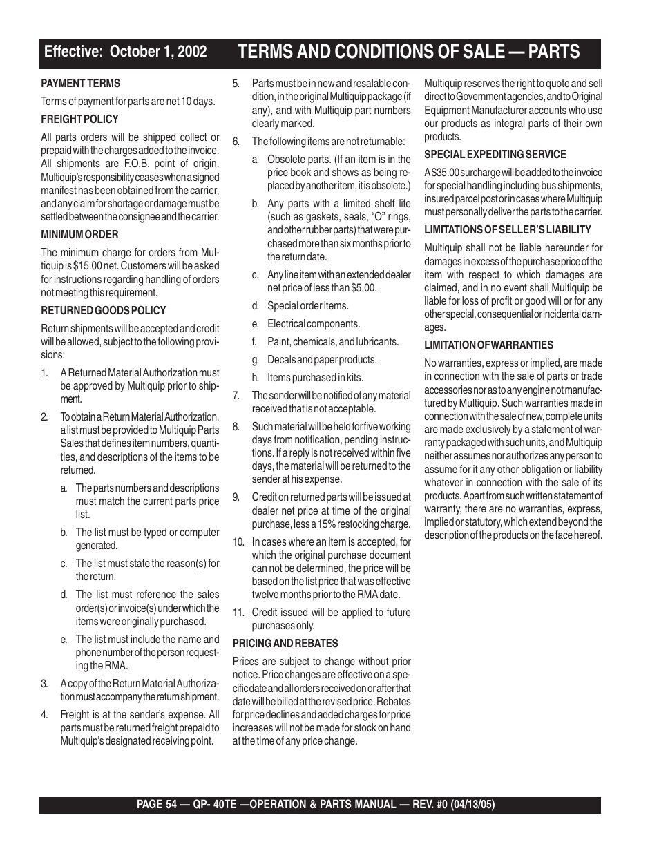 Terms and conditions of sale — parts | Multiquip QP40TE User Manual | Page 54 / 56