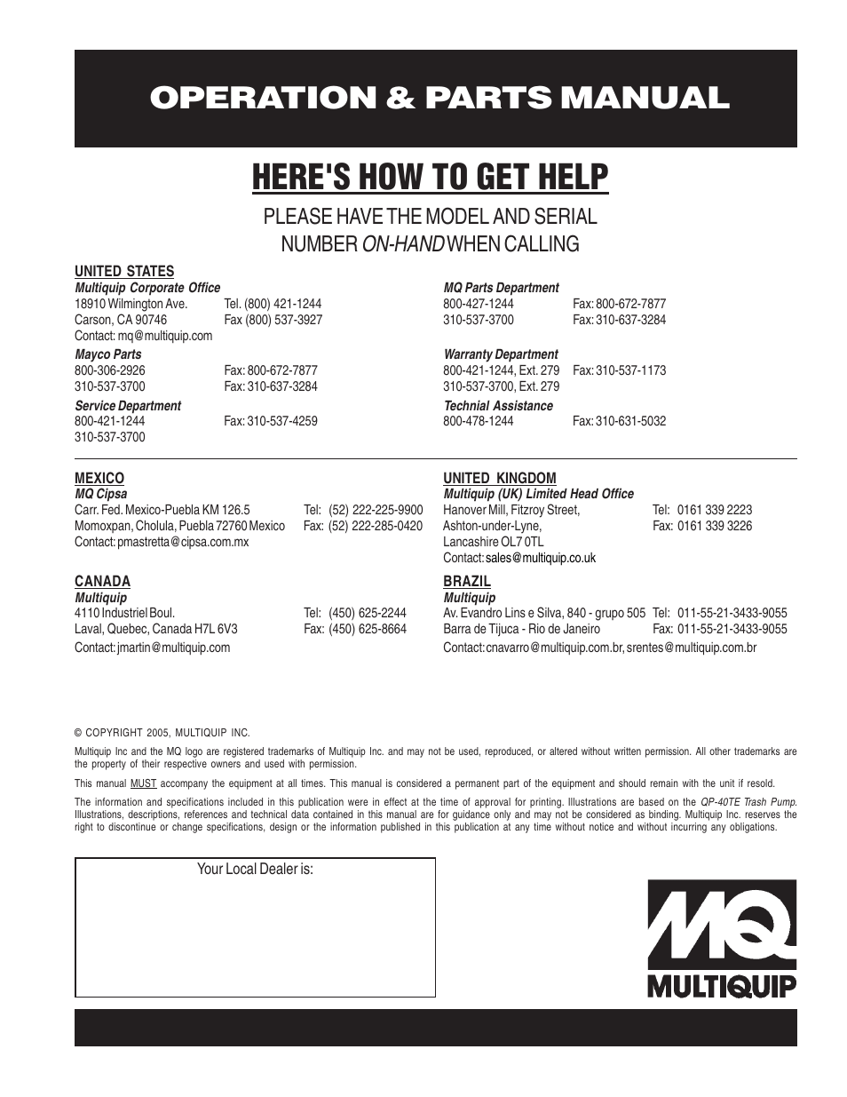 Here's how to get help, Operation & parts manual, On-hand | Please have the model and serial number, When calling | Multiquip QP40TE User Manual | Page 56 / 56
