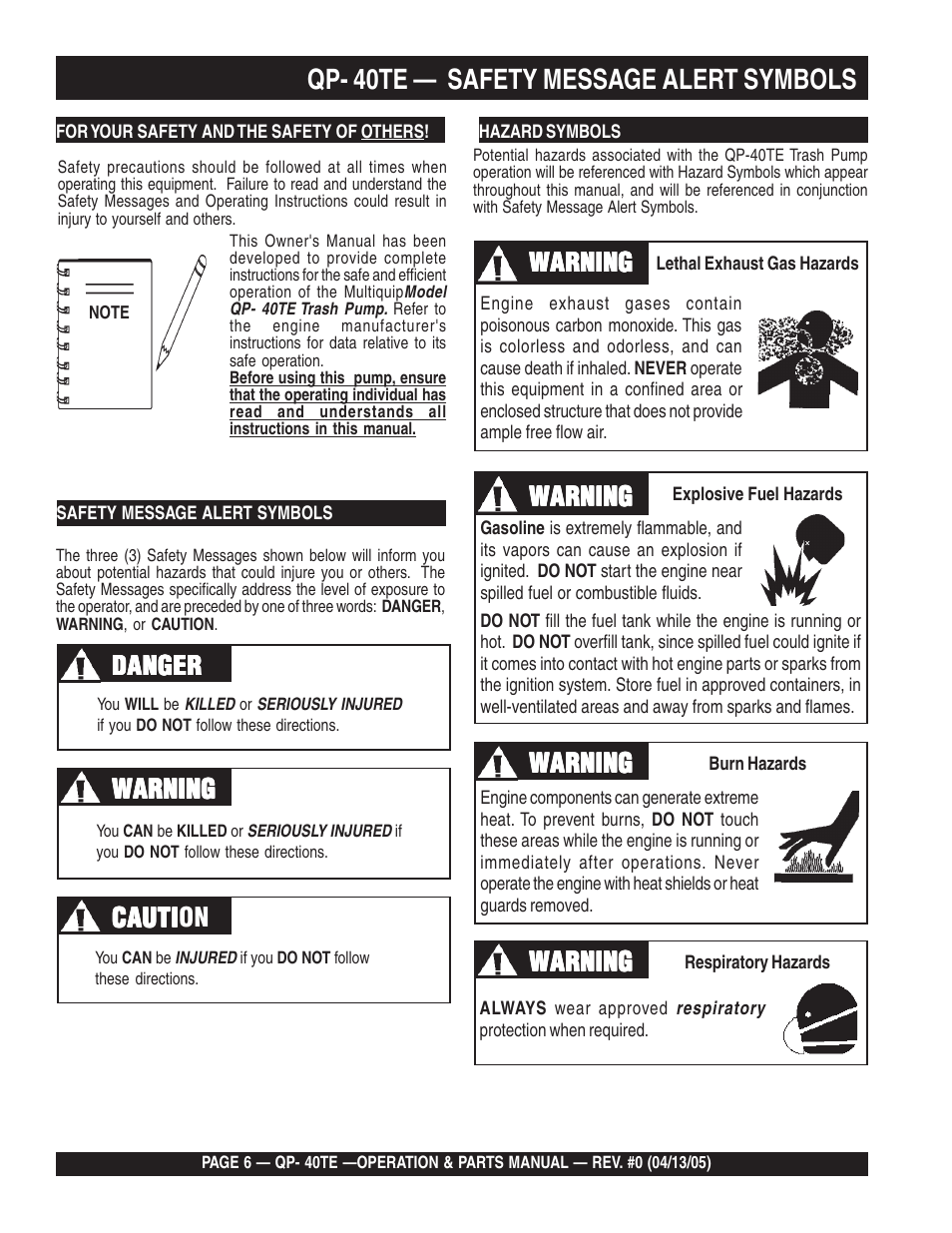 Qp- 40te — safety message alert symbols, Danger, Danger warning warning warning warning warning | Warning, Cauti, Cauti caution | Multiquip QP40TE User Manual | Page 6 / 56