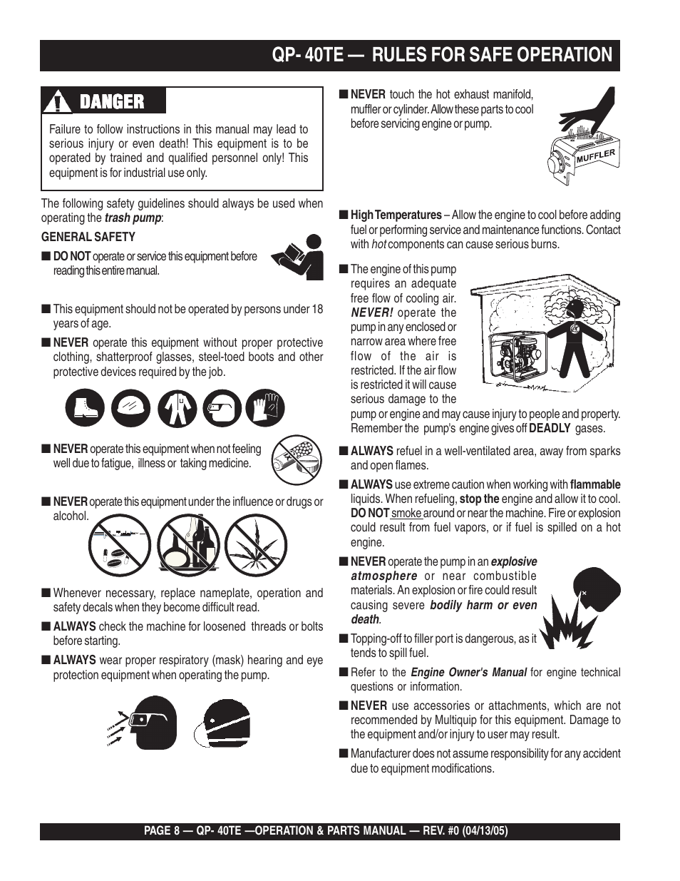 Qp- 40te — rules for safe operation, Danger | Multiquip QP40TE User Manual | Page 8 / 56