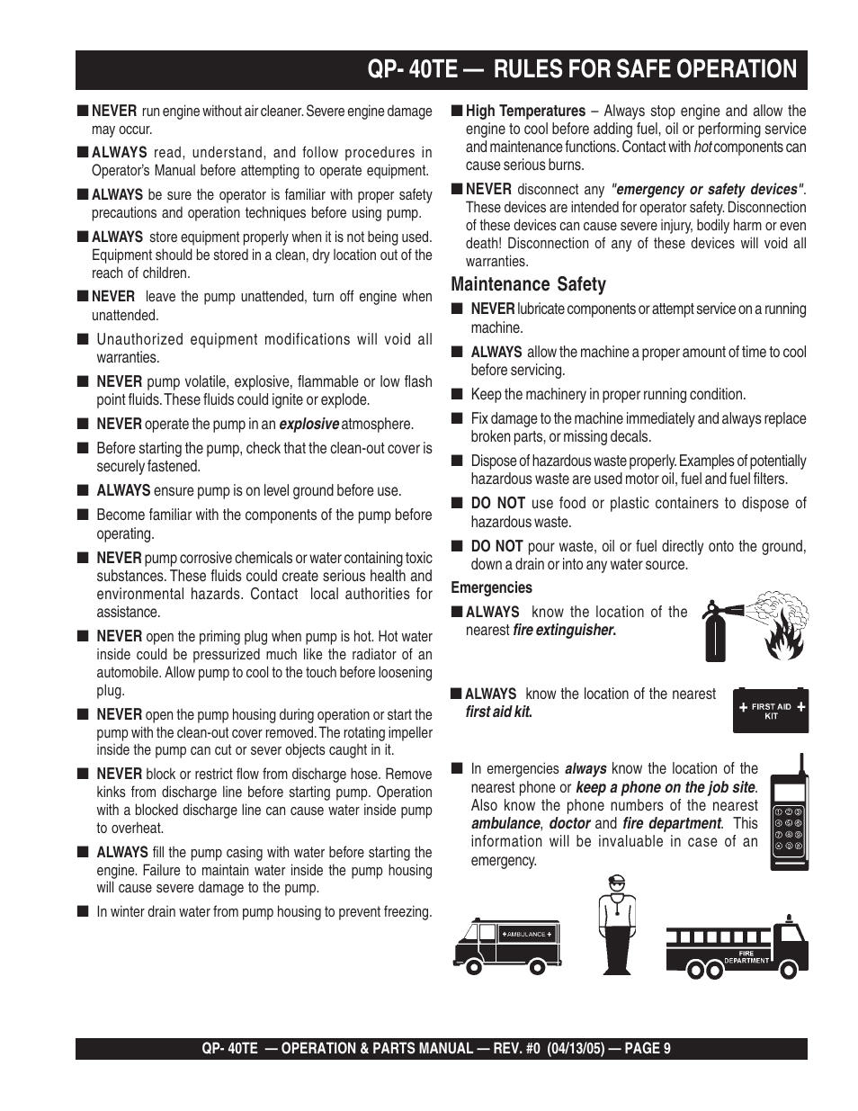 Qp- 40te — rules for safe operation, Maintenance safety | Multiquip QP40TE User Manual | Page 9 / 56