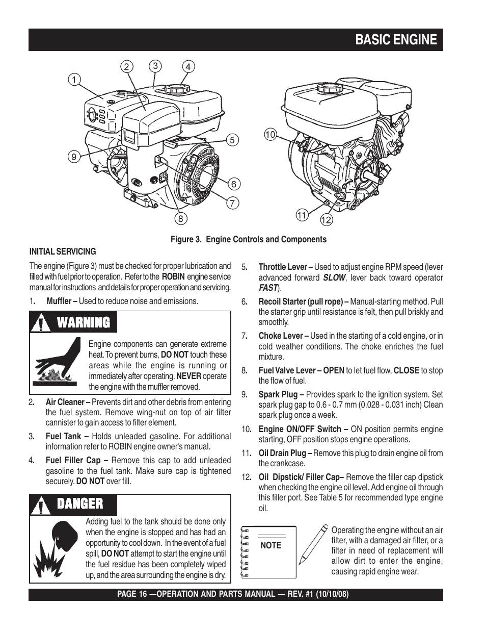 Basic engine, Warning, Warning danger danger danger danger danger | Multiquip QP4TE User Manual | Page 16 / 60