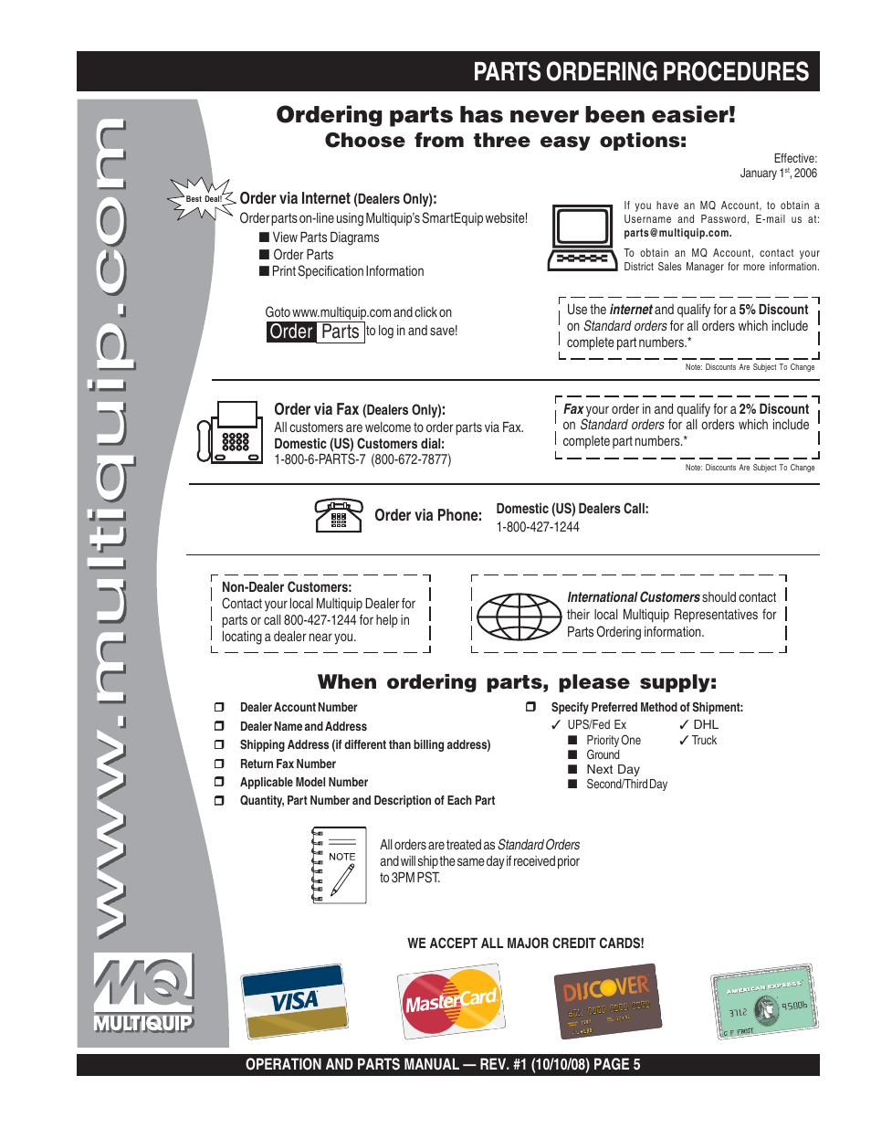 Parts ordering procedures, Ordering parts has never been easier, Choose from three easy options | When ordering parts, please supply, Order parts | Multiquip QP4TE User Manual | Page 5 / 60