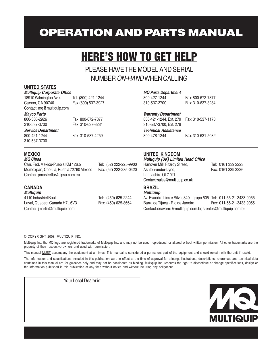 Here’s how to get help, Operation and parts manual, On-hand | Please have the model and serial number, When calling | Multiquip QP4TE User Manual | Page 60 / 60