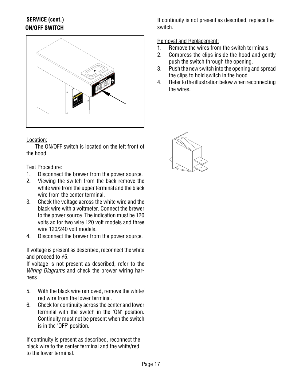 Wiring diagrams, Page 17 service (cont.) on/off switch | Bunn CWT-TS User Manual | Page 17 / 24