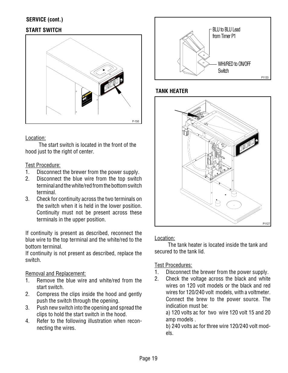 Page 19 service (cont.) start switch, Tank heater | Bunn CWT-TS User Manual | Page 19 / 24