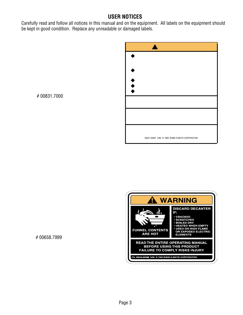 Warning, User notices | Bunn CWT-TS User Manual | Page 3 / 24